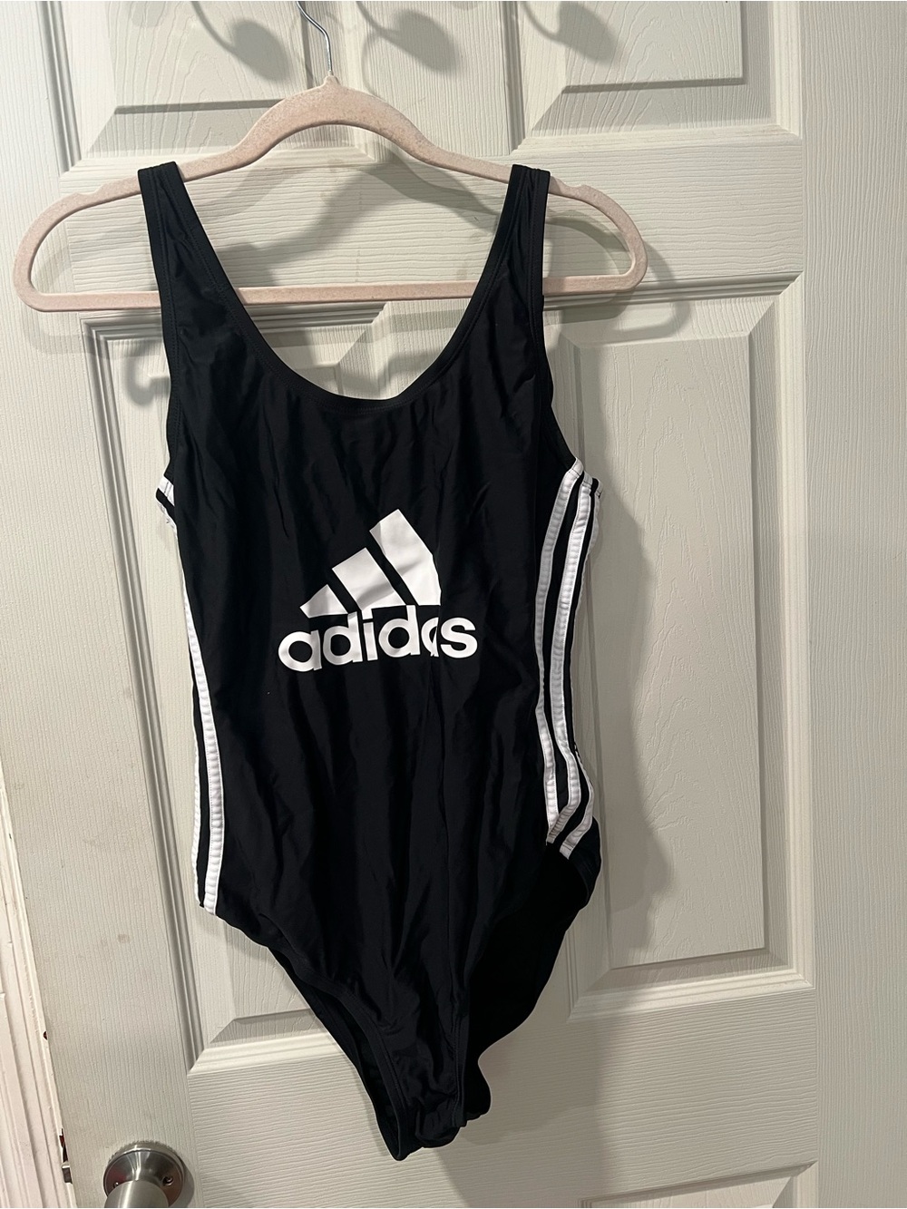 adidas Black One-Piece Swimsuit with White Logo and Side Stripes